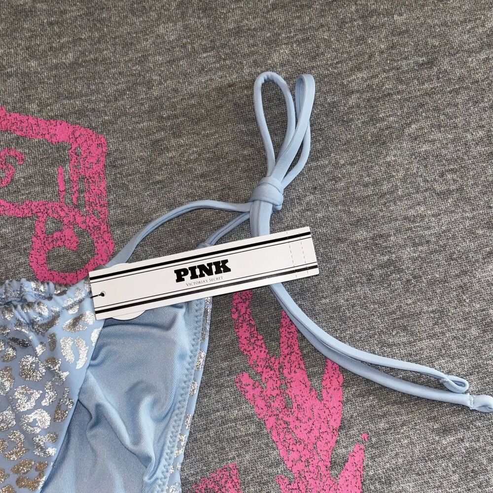 Victoria’s Secret PINK String Bikini Set Icy Blue Leopard Foil Metallic SM - Picture 11 of 12